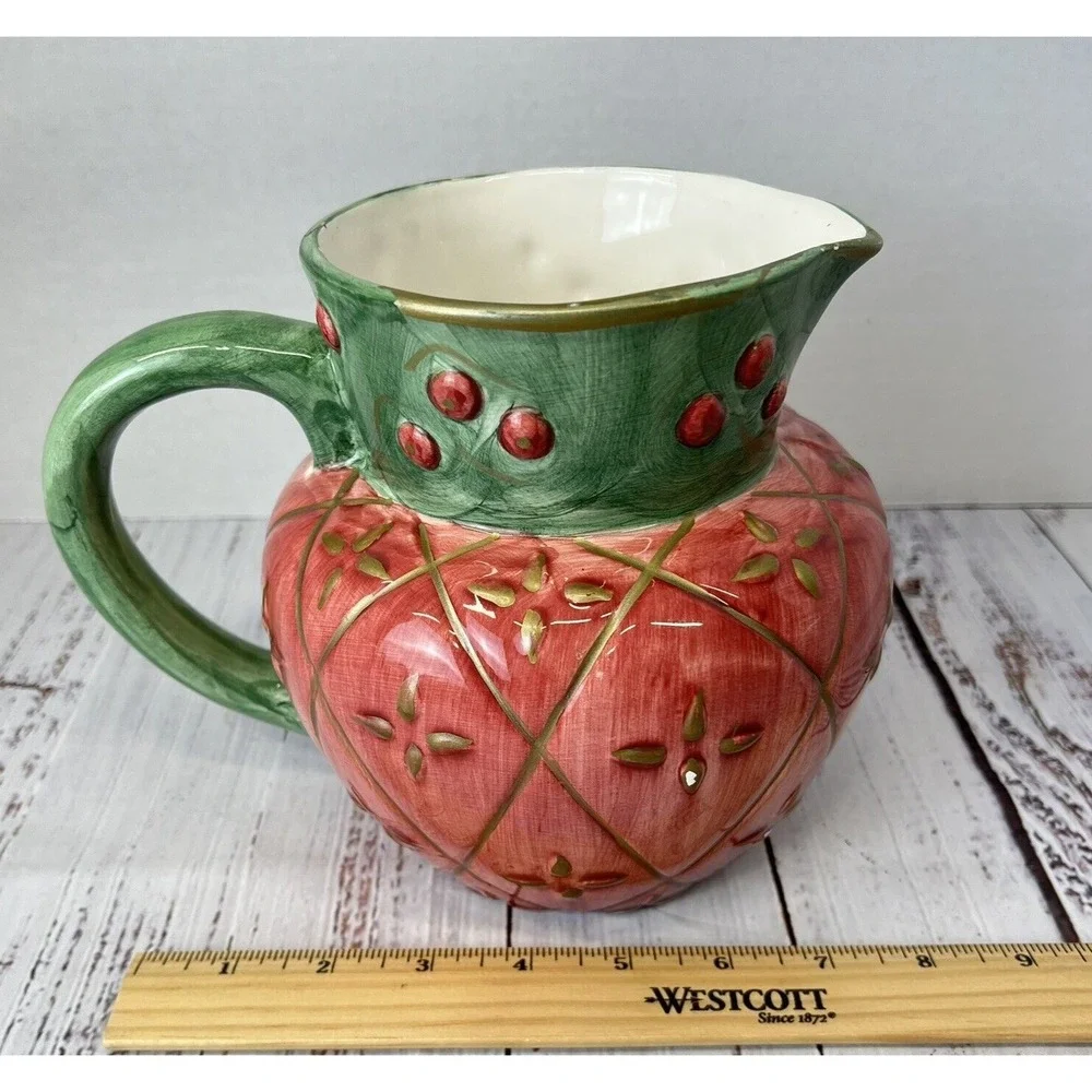 Vtg 1995 Llauter Collection Pitcher Jar Green Pink Gold Ceramic Strawberry